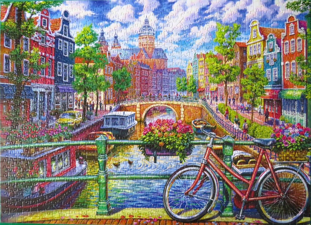 An illustration of an Amsterdam canal scene featuring a red bicycle in the foreground.