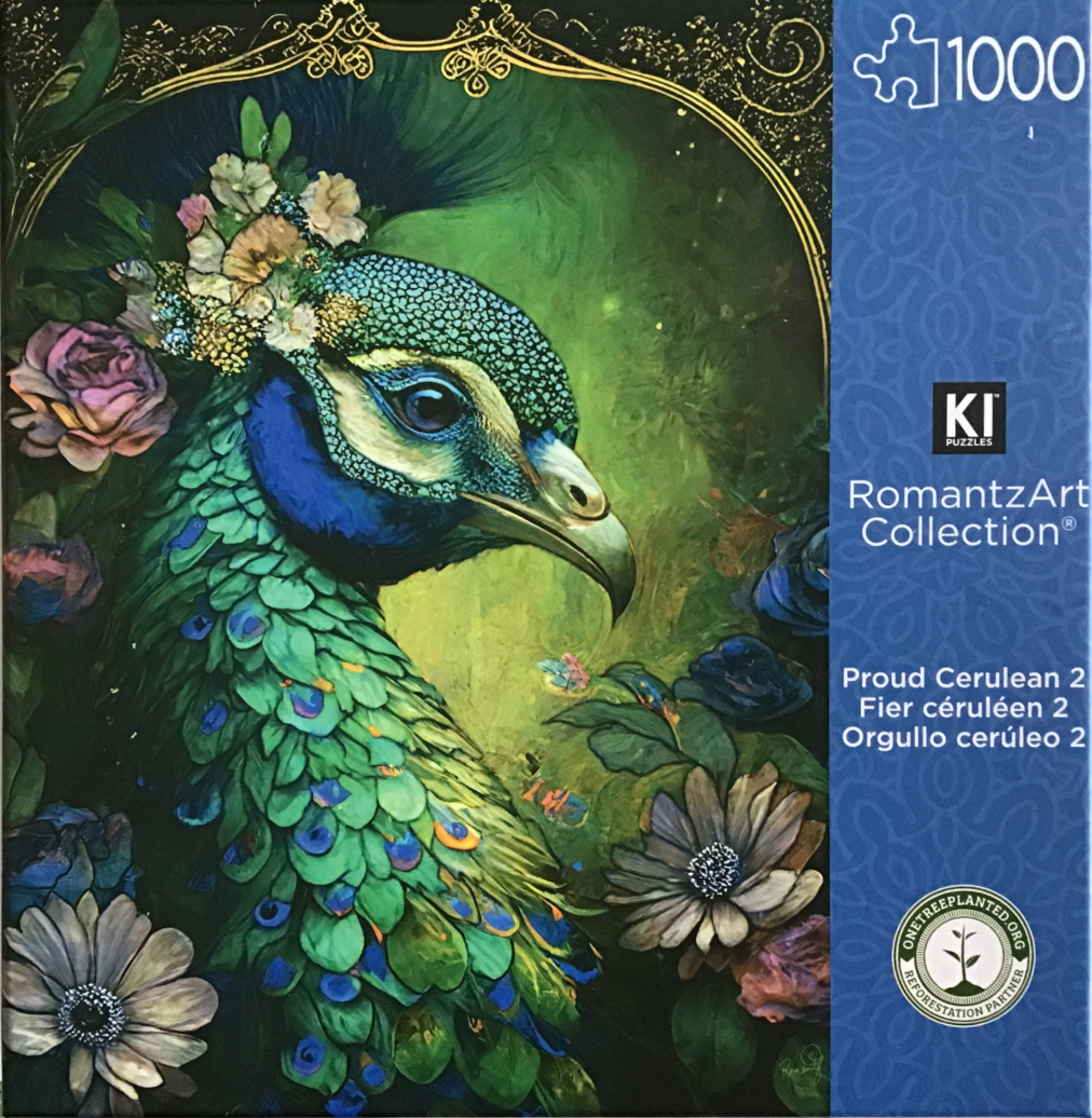 A close-up digital painting of a peacock head surrounded by flowers in an elegant, ornate gold frame.