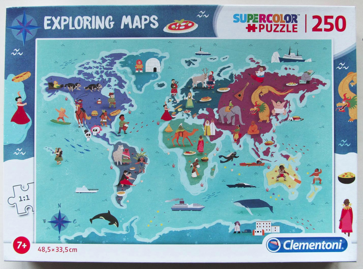 An illustrated map of the world featuring various regional cultural icons, animals, and landmarks on a teal ocean background.