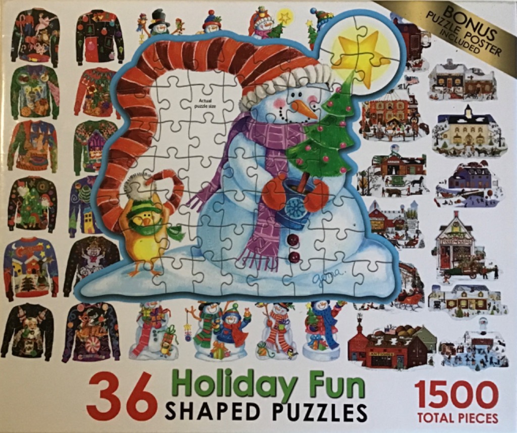 Collage of 36 holiday-themed illustrations including snowmen, ugly sweaters, and winter villages.