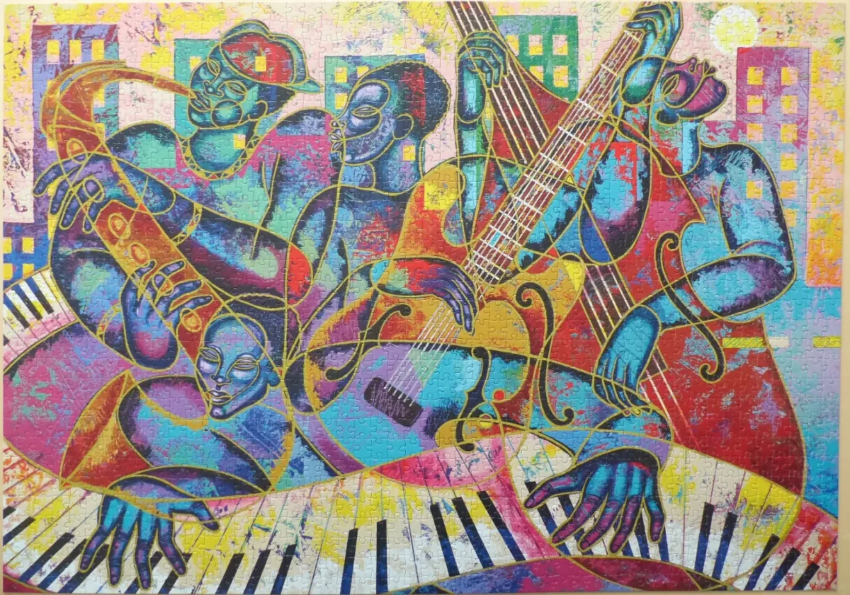 Jazz quartet performance with stylized figures, vibrant colors, and musical instruments against a city background.