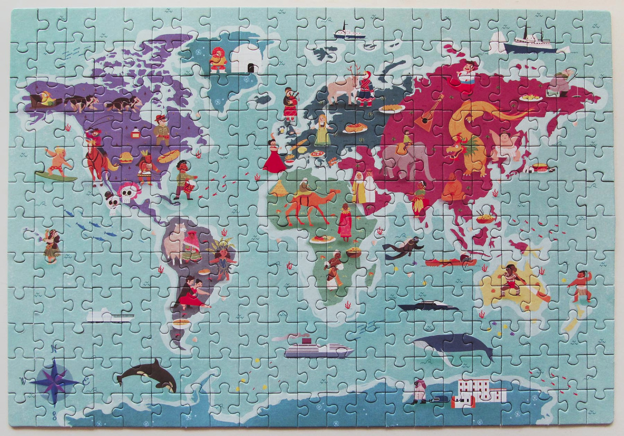 Colorful, illustrated map of the world featuring whimsical cultural icons and animals across the continents.