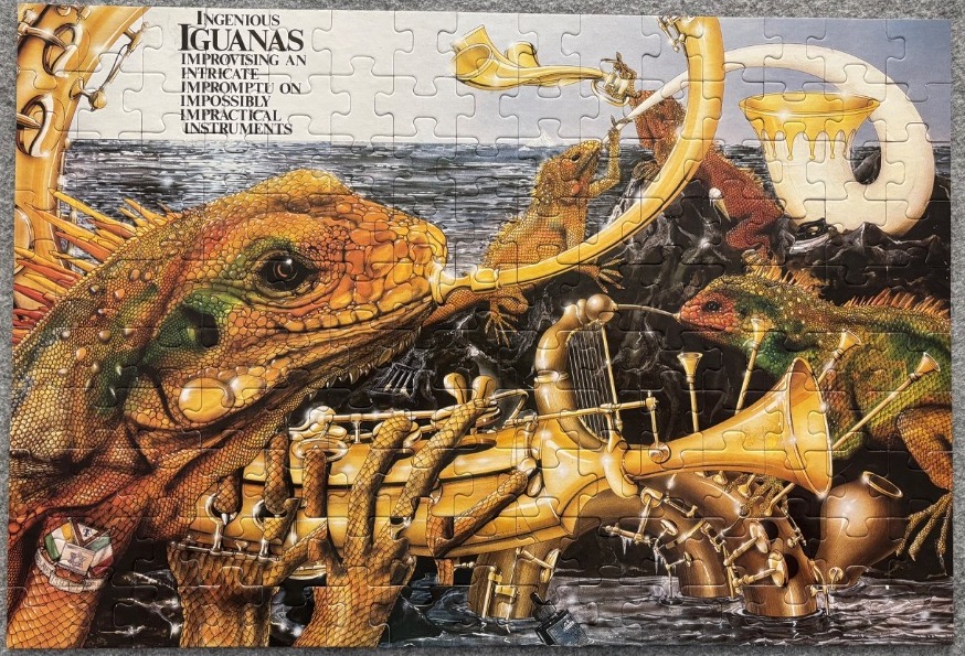 Surreal illustration of iguanas playing golden, nonsensical musical instruments against a dark ocean backdrop.