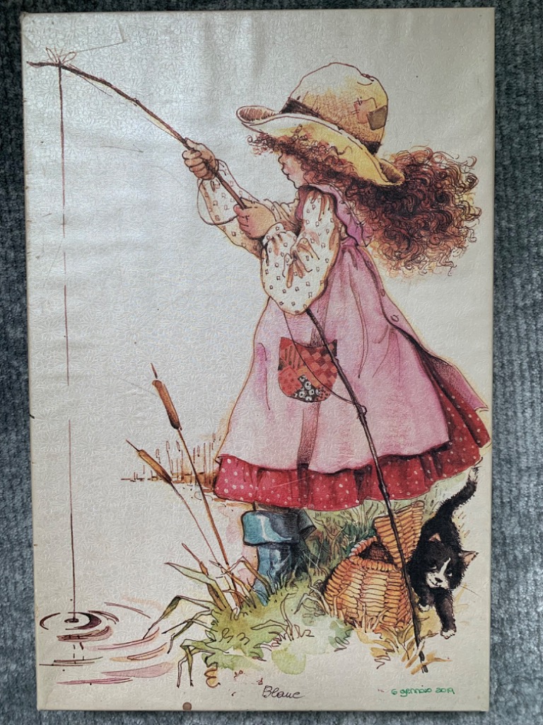 A vintage-style illustration of a young girl with curly hair fishing by a pond with a small cat nearby.