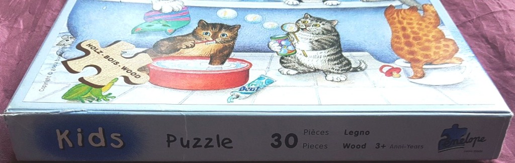 Whimsical illustration of kittens in a bathroom setting getting ready for bed.