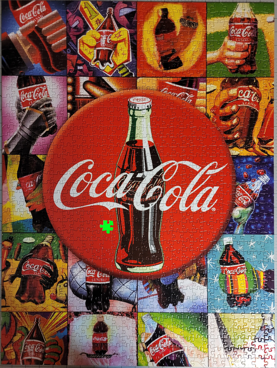 A collage of various artistic depictions of Coca-Cola bottles with a central red circle featuring the logo.