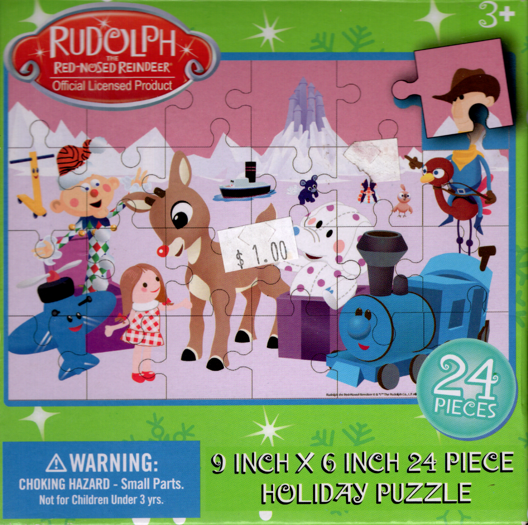 Cartoon scene featuring Rudolph the Red-Nosed Reindeer, Yukon Cornelius, and other colorful characters from the holiday film.