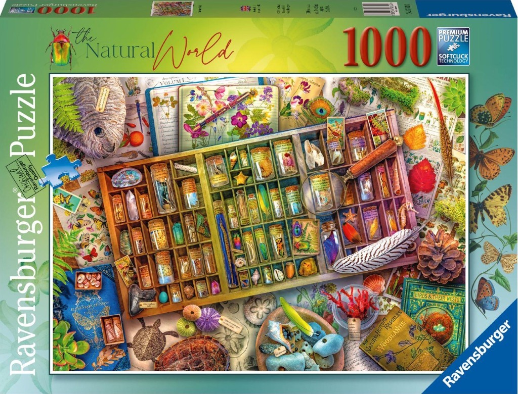 A collection of natural artifacts including butterflies, specimen jars, and vintage botanical books.