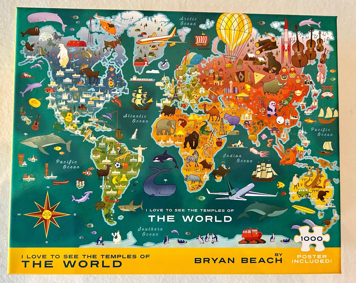 Illustrated world map featuring diverse animals, landmarks, and transportation icons against a teal and orange background.