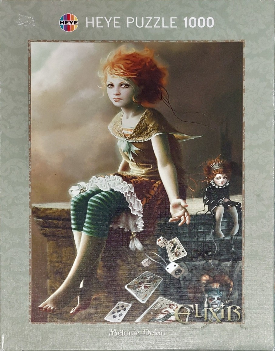 Digital fantasy illustration of a young girl with red hair sitting on a stone ledge surrounded by playing cards.