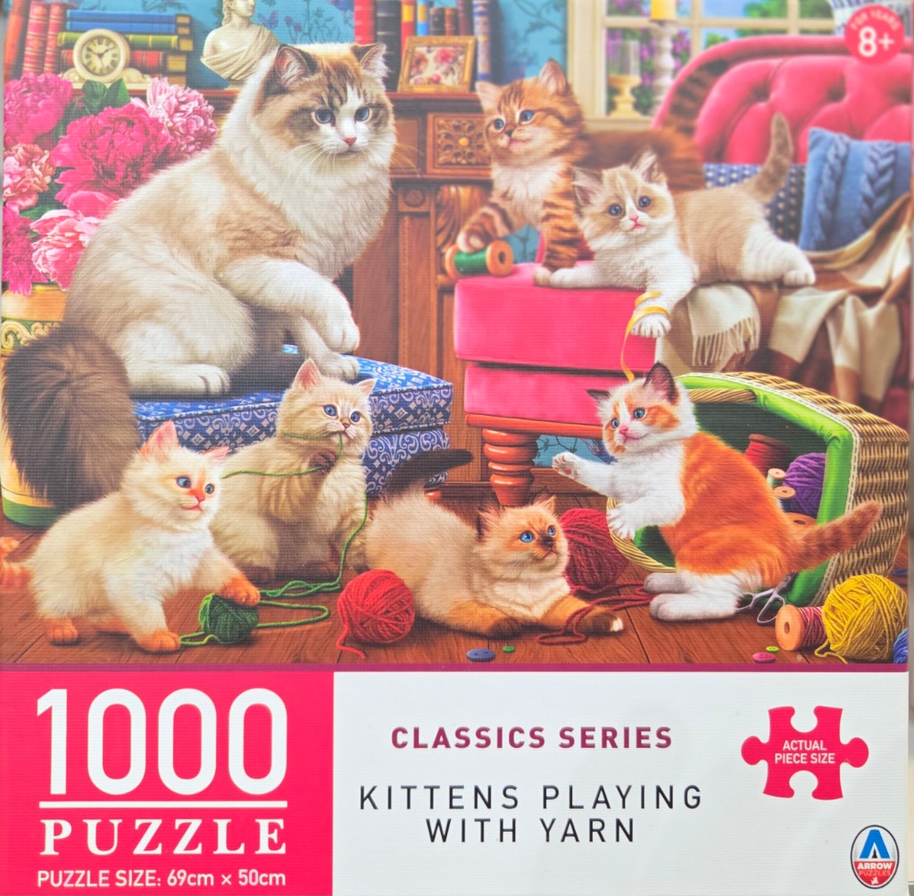 An illustration of an adult cat and five playful kittens in a cozy room filled with yarn and furniture.