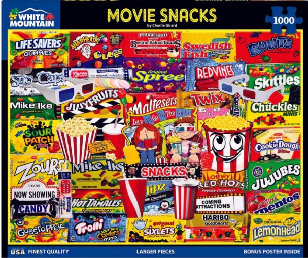 Collage of various classic candy boxes and movie theater snacks arranged in a colorful grid.