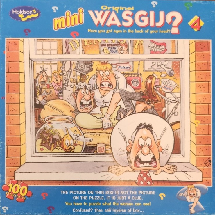 Cartoon illustration of a chaotic scene inside a dentist office seen through a window.