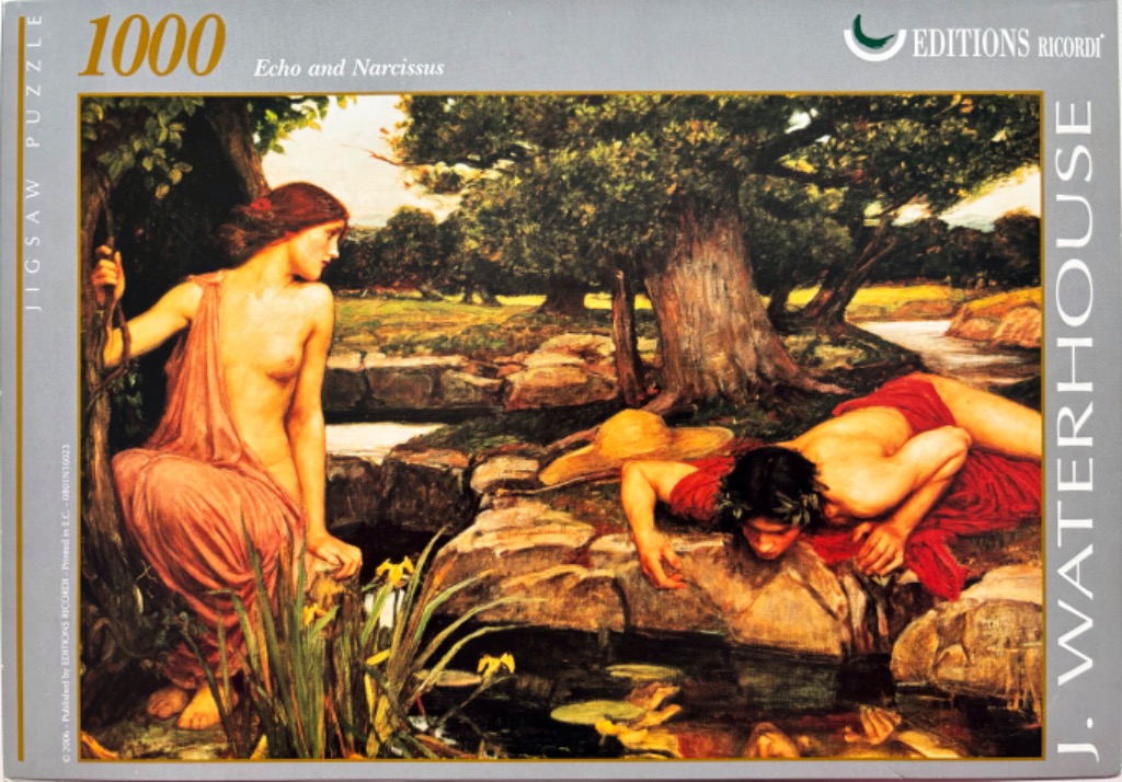 Oil painting of Echo watching Narcissus gazing at his reflection in a pool of water in a forest clearing.