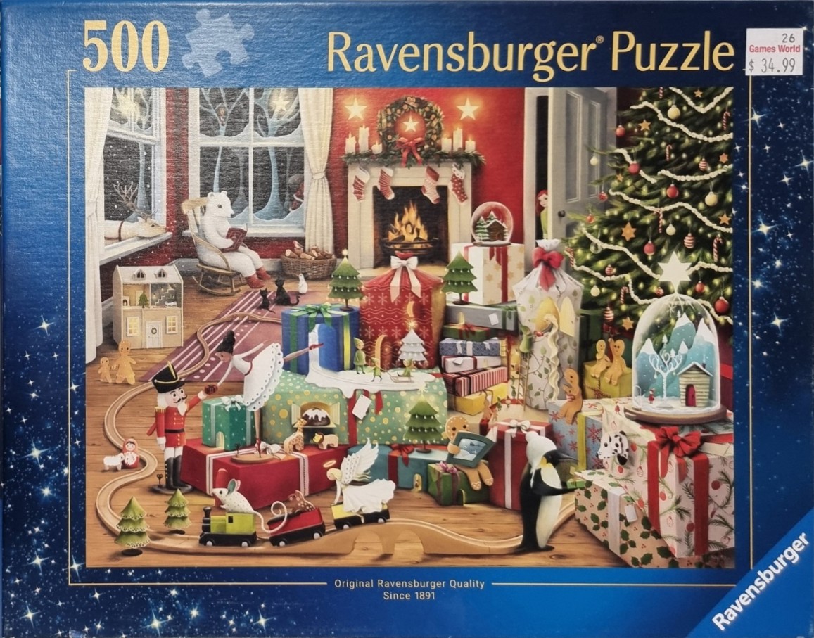 A whimsical Christmas scene featuring a polar bear, toys, and presents in a cozy, decorated living room.