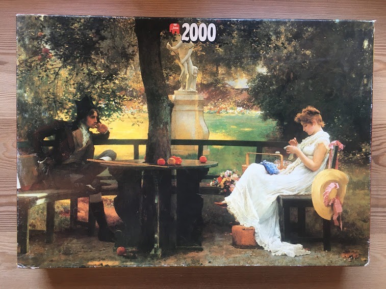 An oil painting of a man and woman in an 18th-century garden setting, sitting on opposite sides of a large tree.