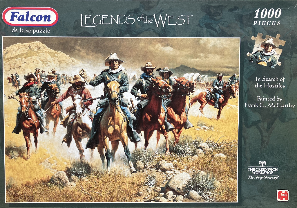 An oil painting of US Cavalry soldiers on horseback riding through a dusty, arid Western landscape.