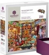 An illustration of a cluttered, charming antique shop interior filled with collectibles and trinkets.