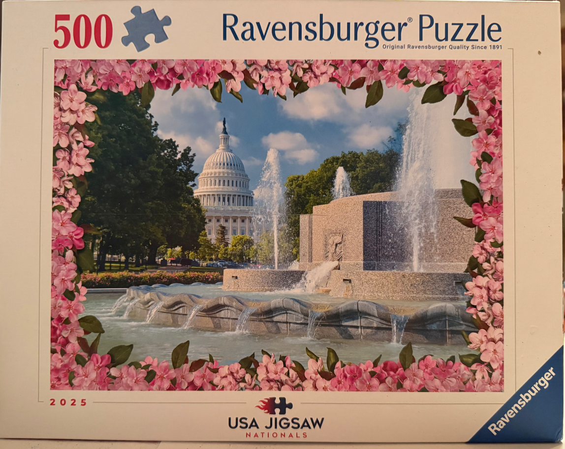 A view of the U.S. Capitol building behind a fountain, framed by pink cherry blossoms.