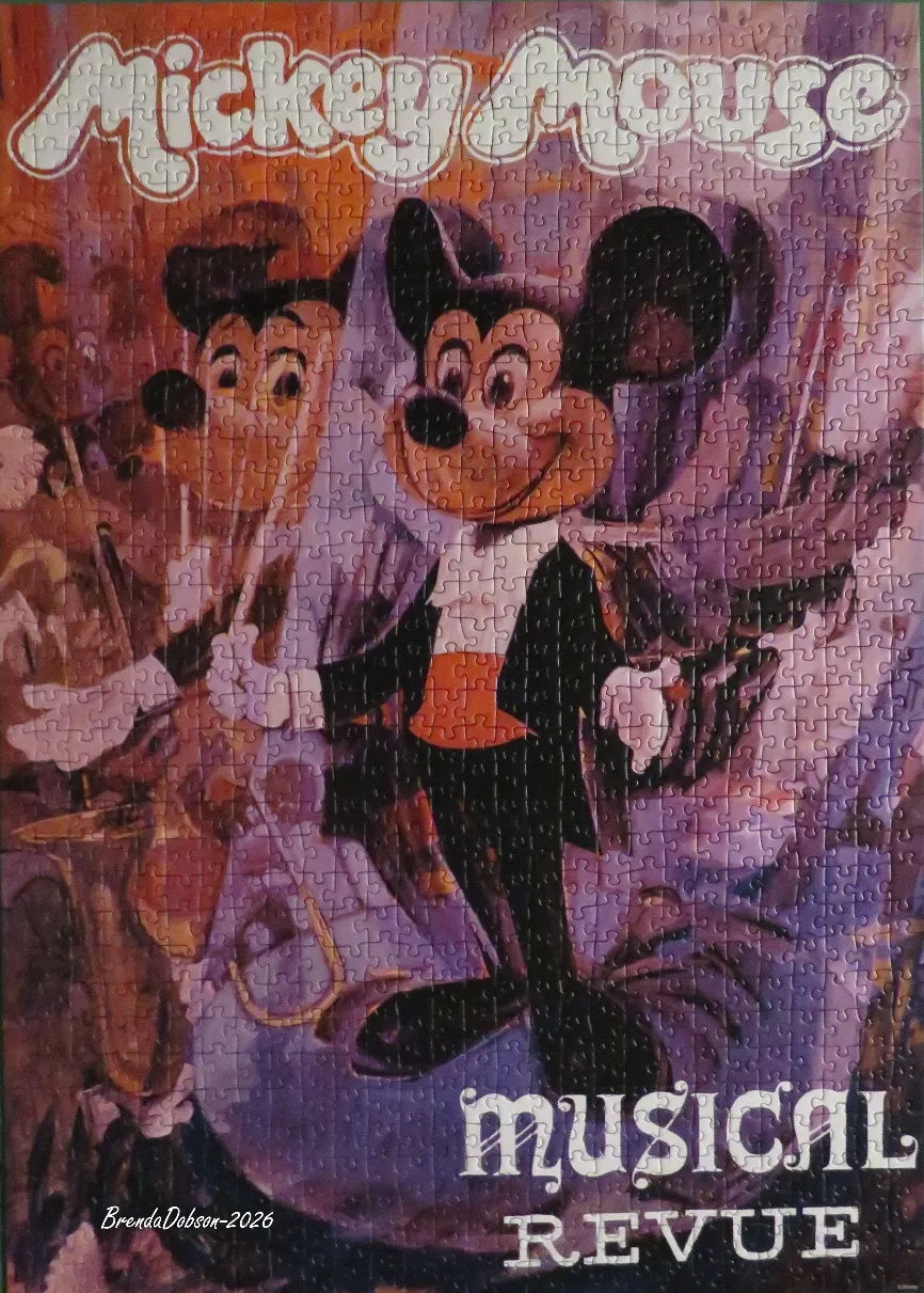 A vintage-style illustration of Mickey Mouse conducting a musical revue in a purple and orange setting.