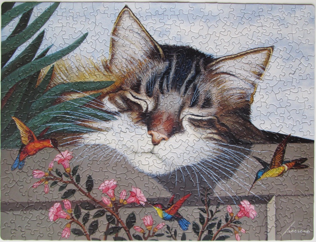 A close-up illustration of a sleepy tabby cat surrounded by hummingbirds and pink flowers.