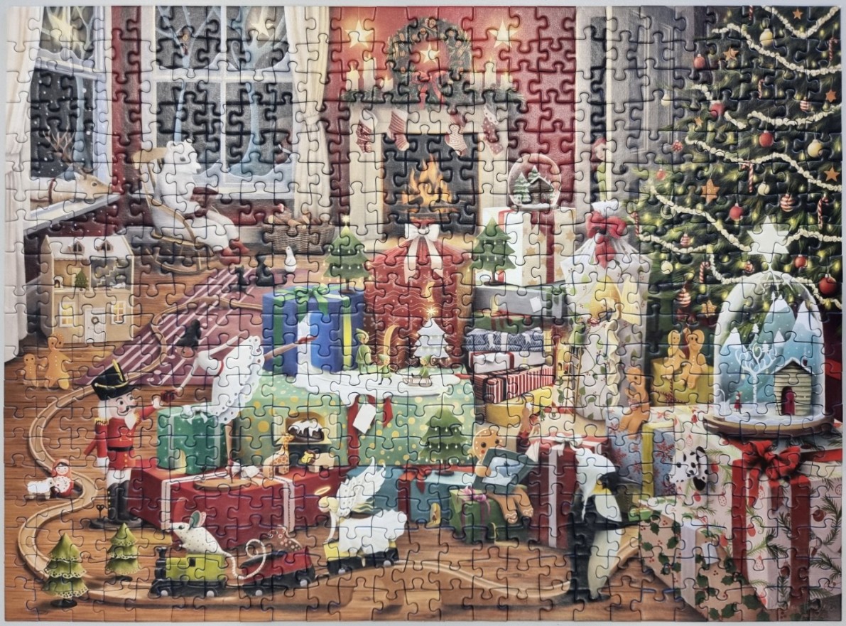 Cozy indoor Christmas scene with a fireplace, decorated tree, and pile of wrapped gifts.