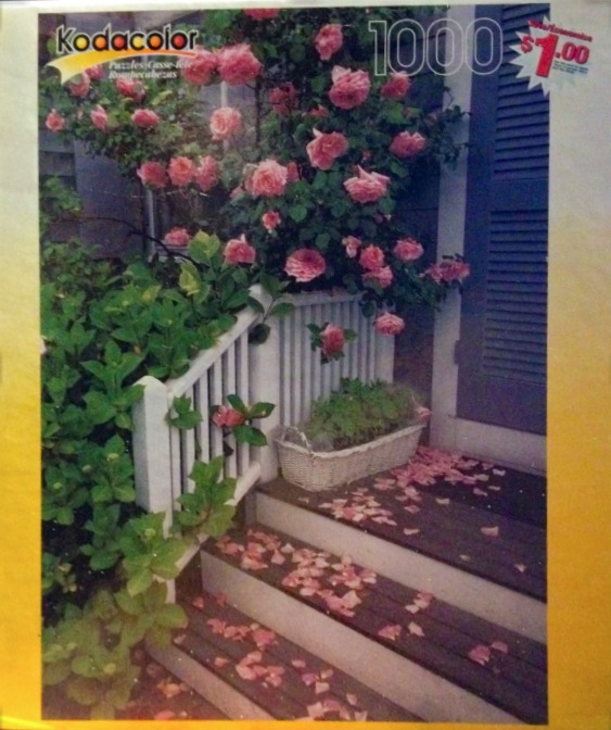 A photograph of a wooden staircase covered in fallen pink rose petals next to a blooming rose bush and white railing.