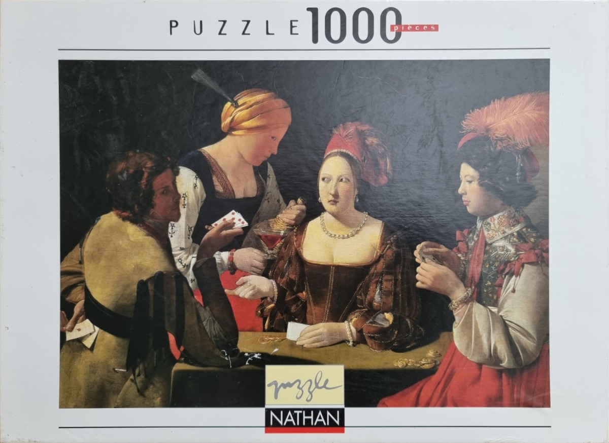 A reproduction of Georges de La Tour's painting The Card Sharp, showing four people playing cards at a table.