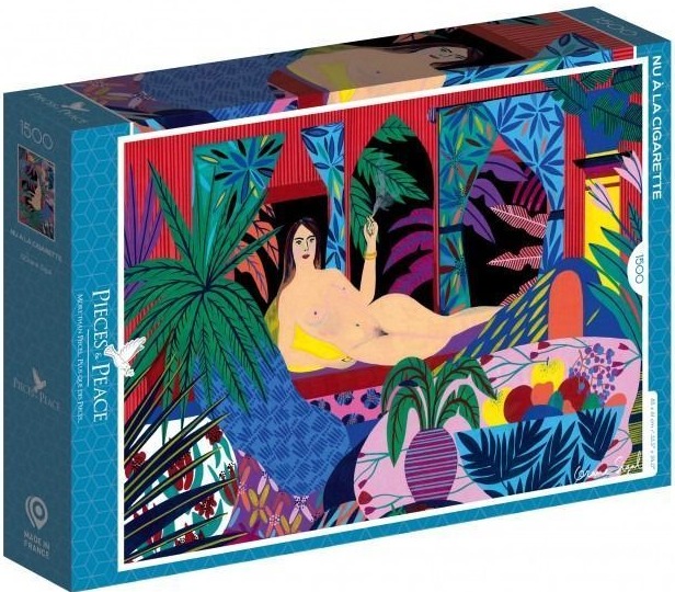 Illustration of a woman reclining in a vibrant, stylized interior with tropical foliage and bold geometric patterns.