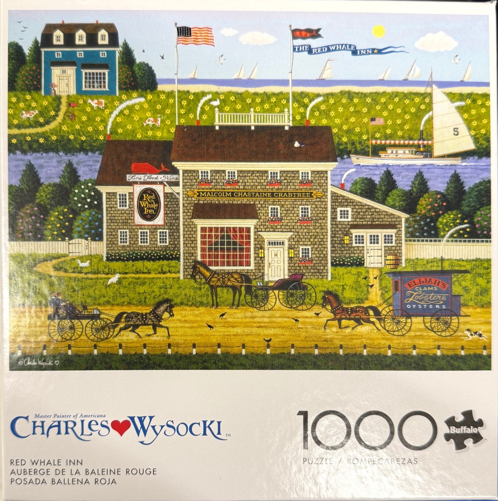 Folk art illustration of a colonial-style inn called The Red Whale Inn with horse-drawn carriages and a coastal scene.