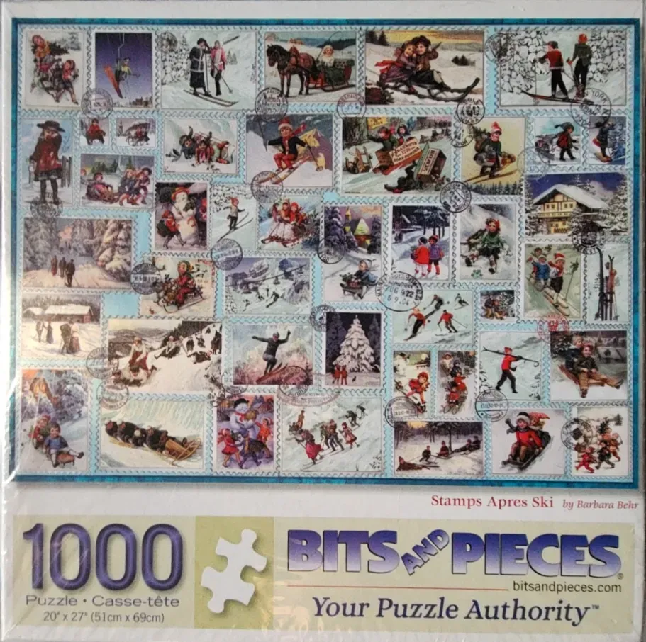 A collage of vintage-style postage stamps featuring winter scenes and people engaging in various snow sports.