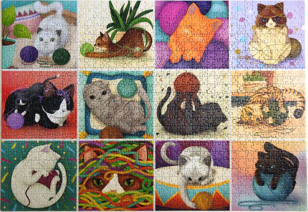 A collage of twelve artistic portraits of cats playing with yarn in various colors and styles.
