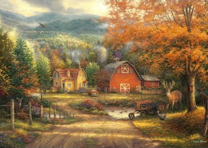 A peaceful autumn farm scene with a red barn, yellow farmhouse, deer, and mountains in the background.