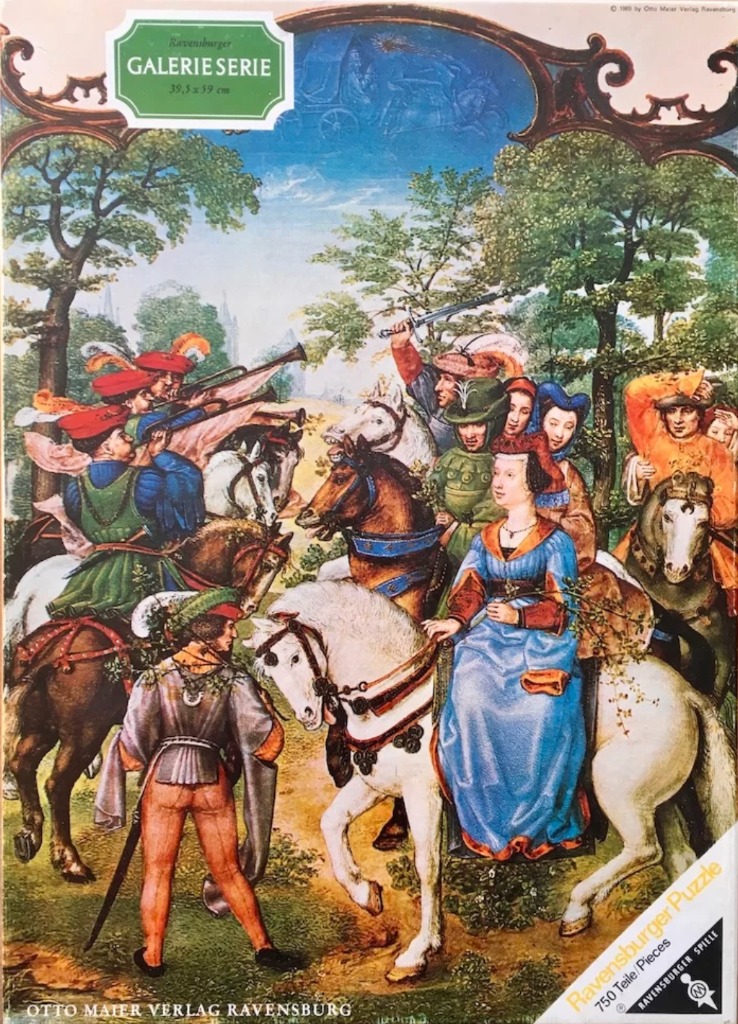 A Renaissance-style painting of noblemen and noblewomen on horseback in a wooded landscape.