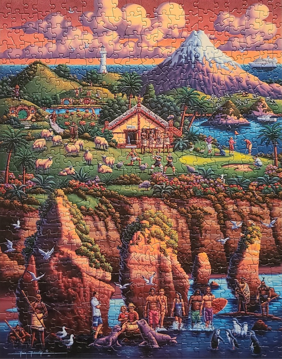 An illustrative landscape showing a New Zealand coastal scene with Maori cultural elements, a mountain, and wildlife.