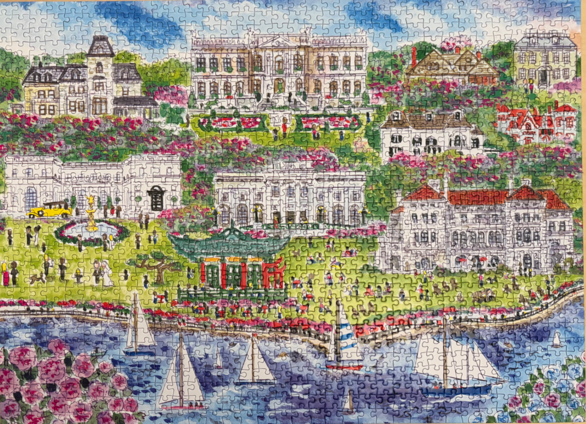 A whimsical, detailed illustration of grand mansions, manicured gardens, and sailboats on a lake.