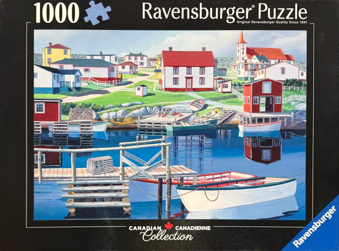 A peaceful coastal scene featuring a colourful fishing village, wooden piers, and small boats on calm blue water.