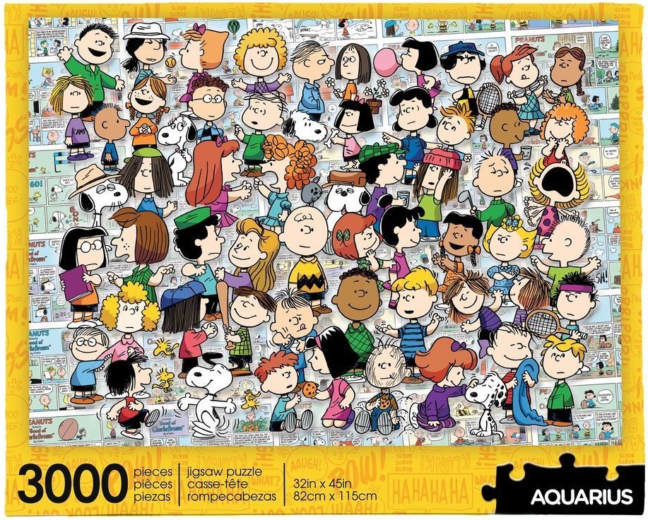 A collage of various Peanuts comic strip characters over a background of comic strip panels.