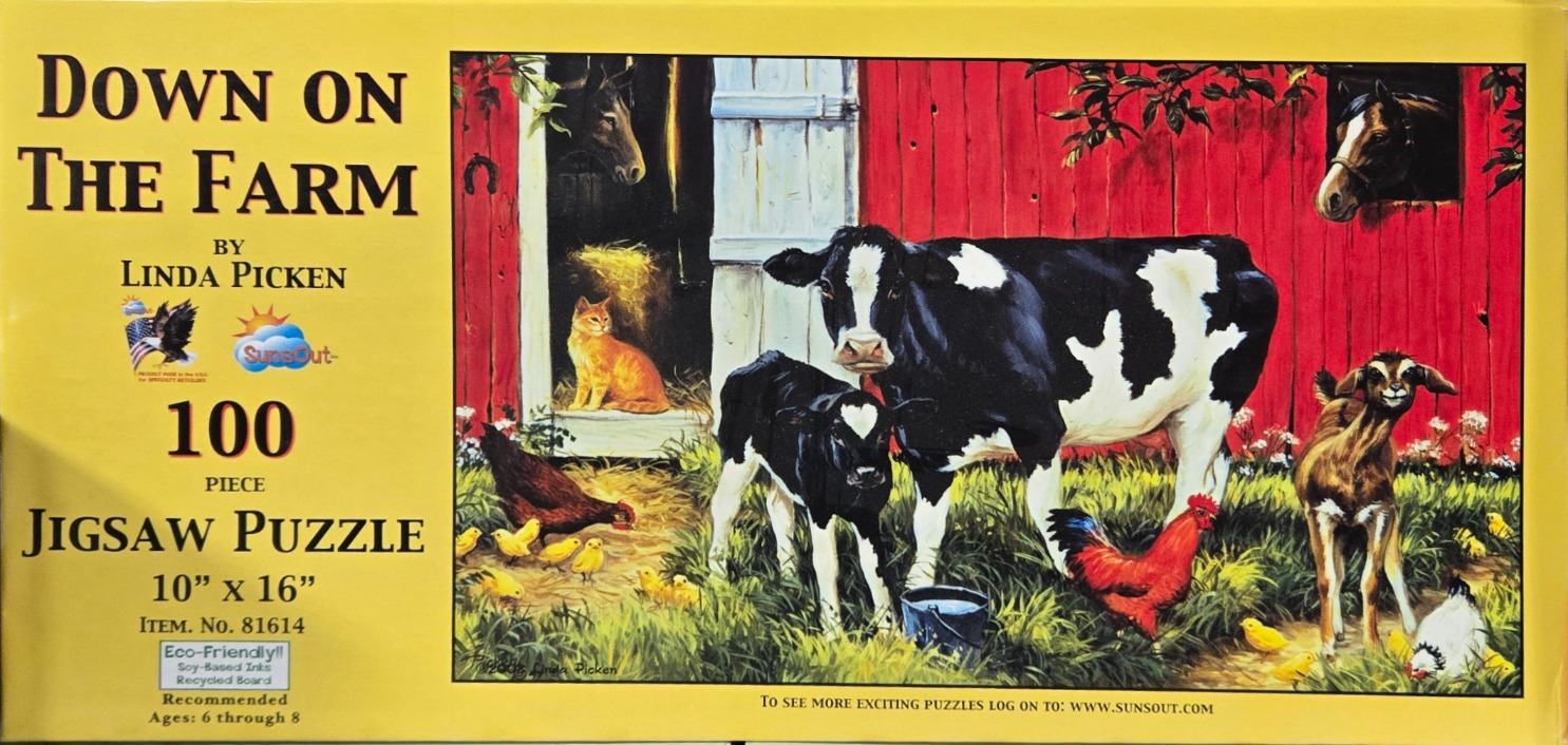 A black and white cow, a calf, a goat, a cat, a horse, and chickens in front of a red barn.