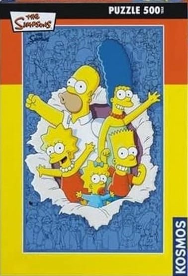 The Simpsons family bursting through a blue patterned background of character faces.