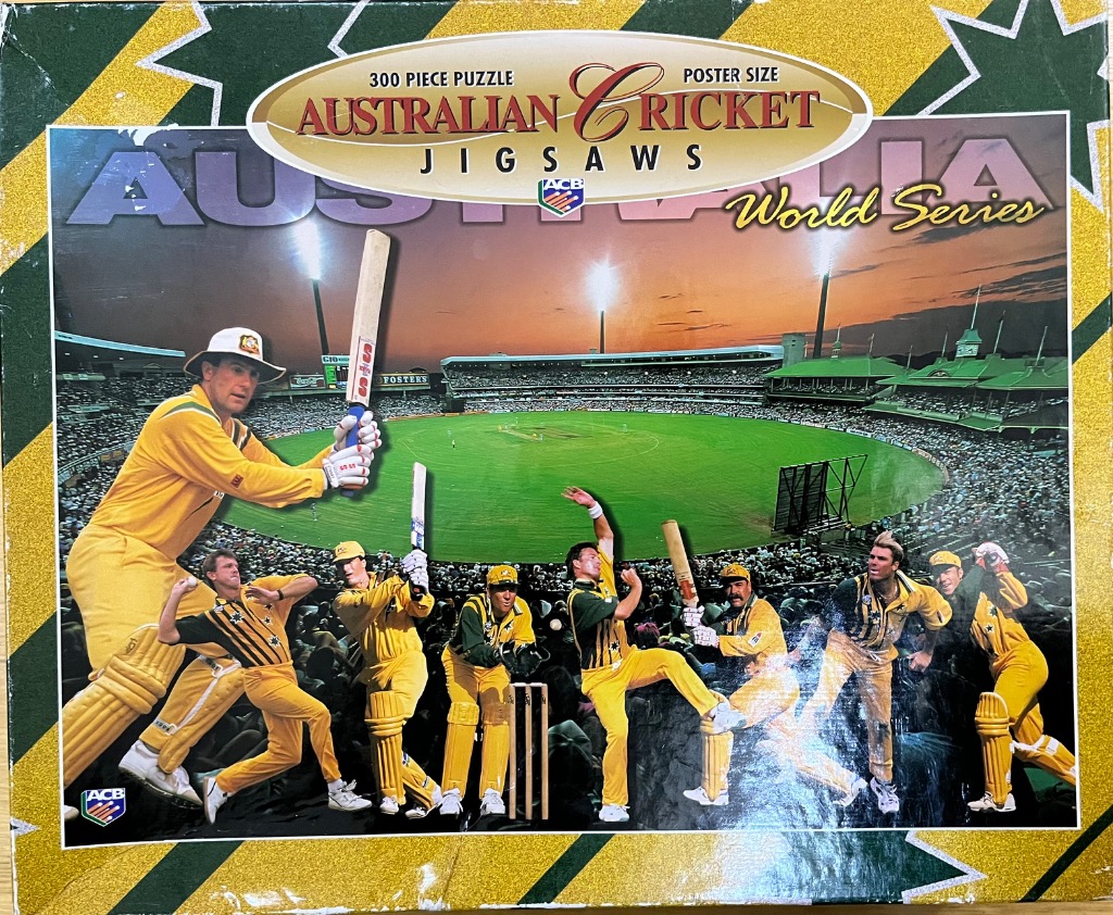 Composite image of professional Australian cricket players in yellow and green uniforms at a stadium during sunset.