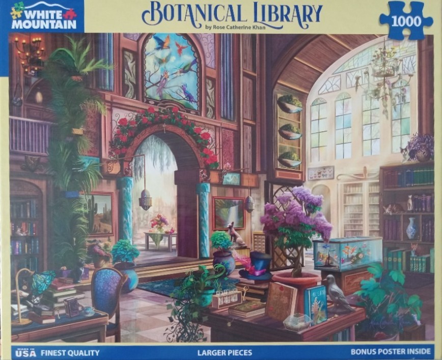 An ornate, sunlight-filled indoor botanical library filled with plants, bookshelves, and animals.