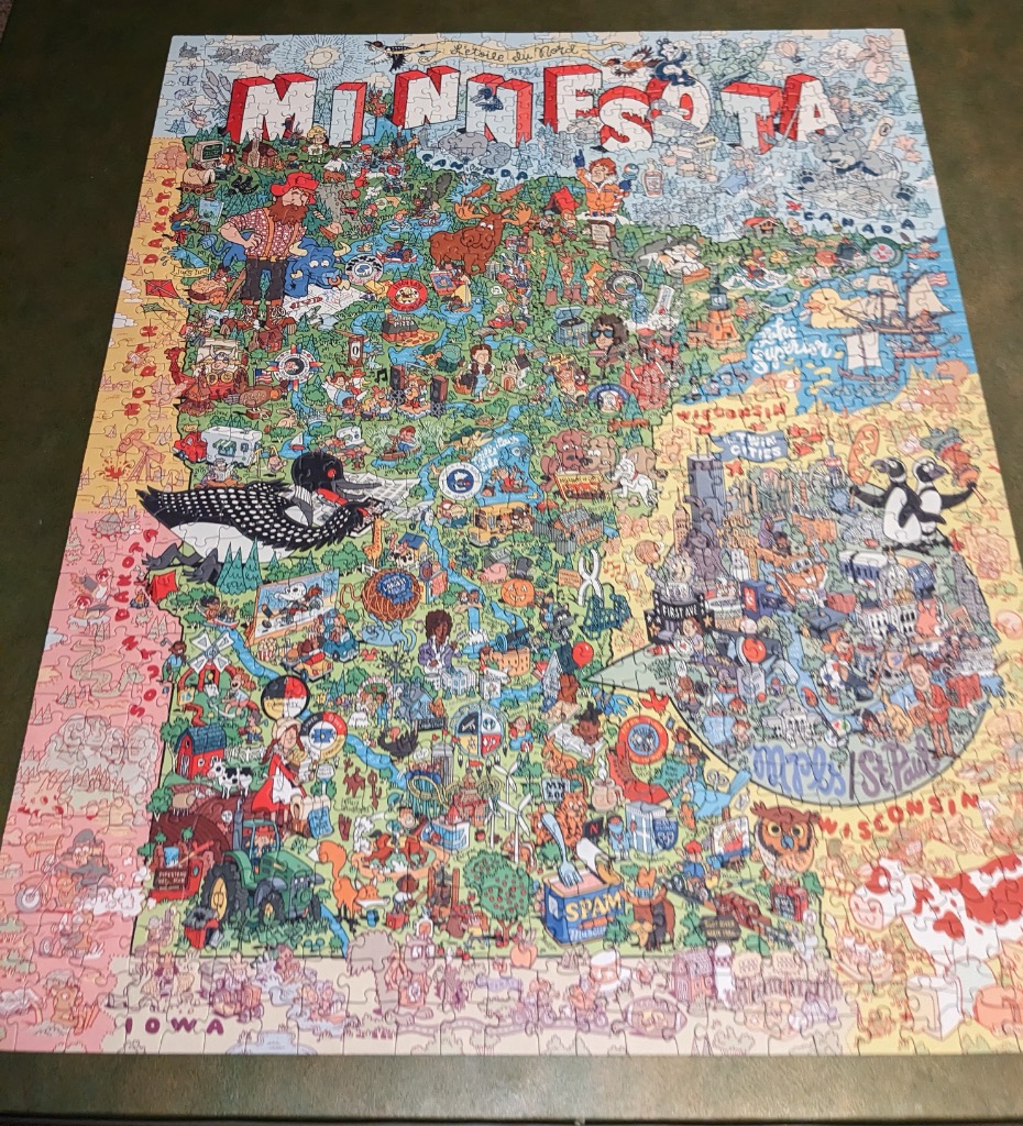 Illustrated map of Minnesota with cartoon scenes, a loon, and state landmarks.