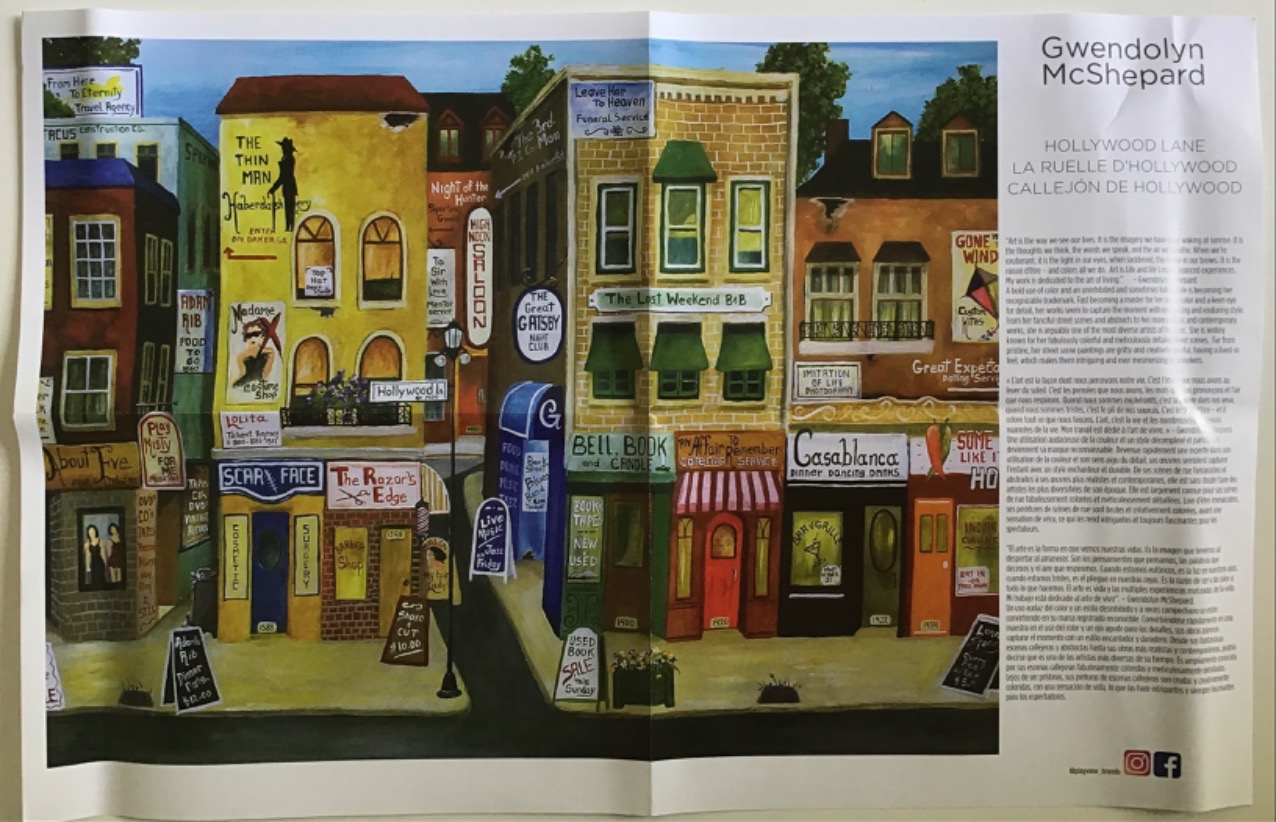 A whimsical illustration of a charming, colorful street corner lined with shops named after classic films.