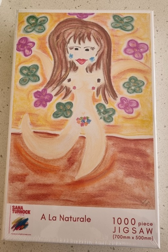 A whimsical drawing of a nude woman with long brown hair, surrounded by colorful flowers against a yellow and brown backgroun