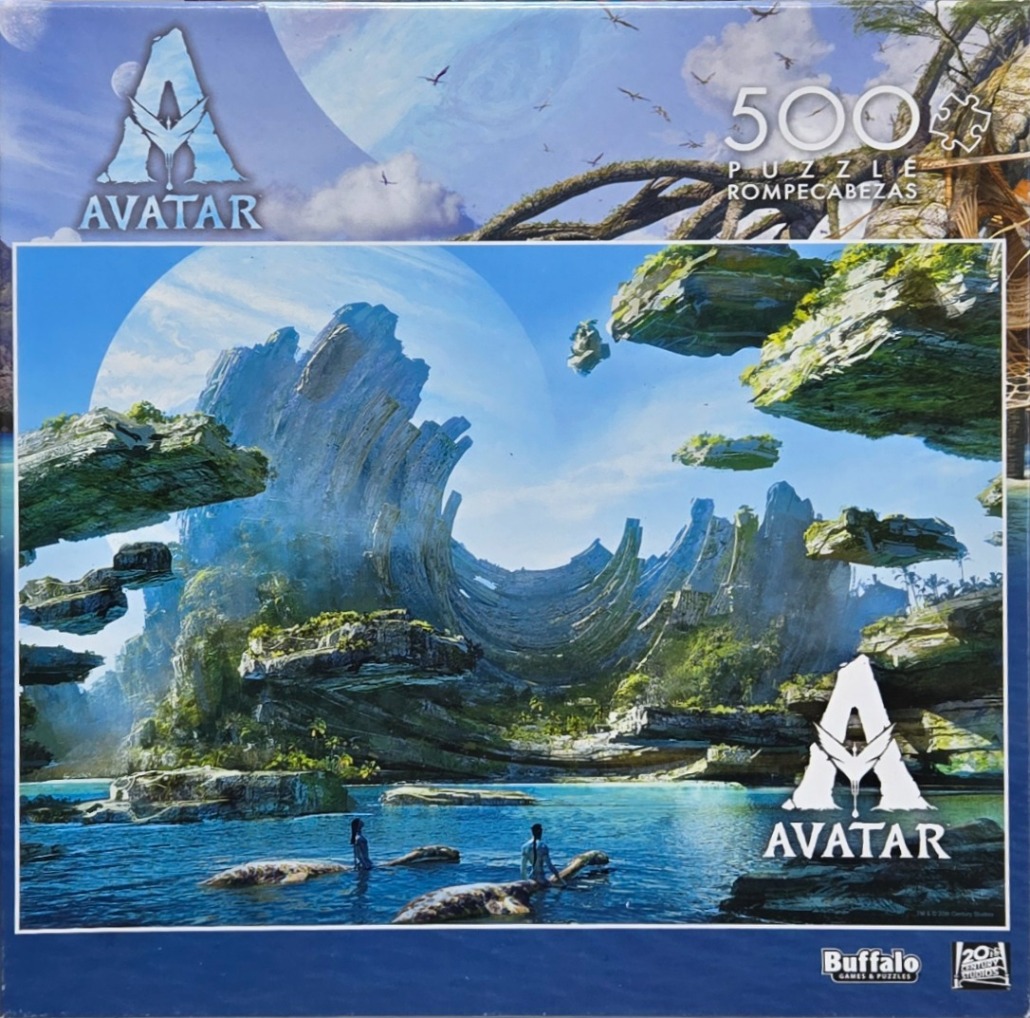 A lush, alien landscape with floating mountains and glowing blue water featuring two figures standing in a lake.