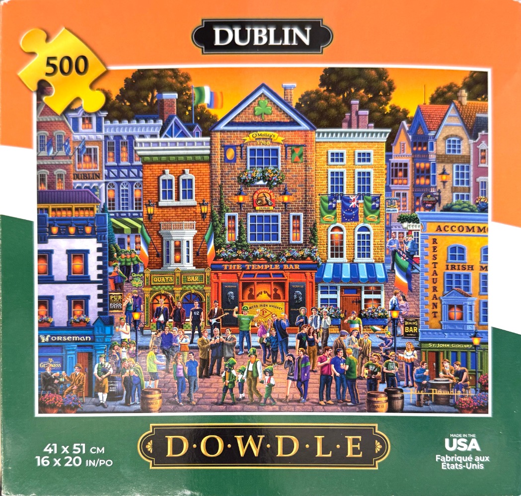 A lively, stylized street scene of Dublin's Temple Bar area at dusk filled with crowds of people.