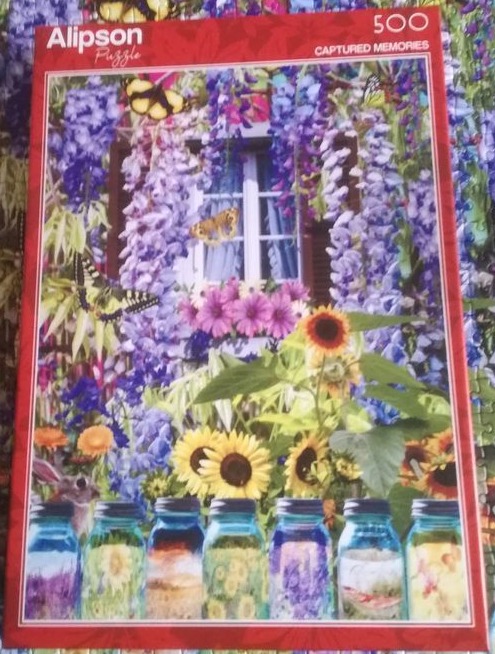 A lush garden scene featuring wisteria, sunflowers, glass jars, and butterflies.