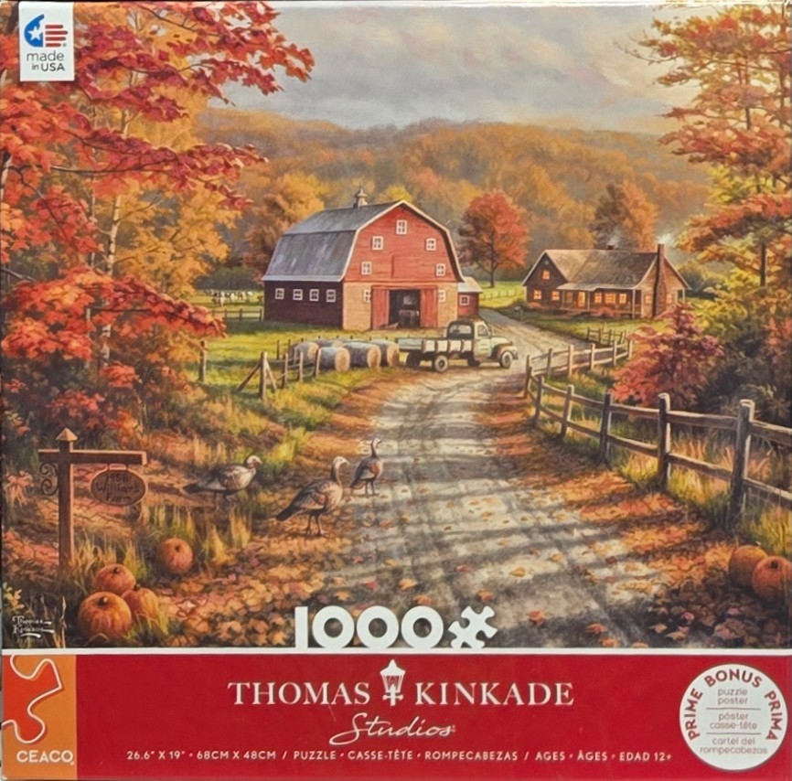 An autumn farm scene featuring a red barn, a farmhouse, and three turkeys on a dirt road at sunset.