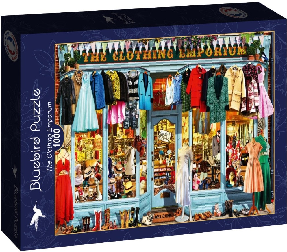 A charming, colorful shopfront titled The Clothing Emporium, displaying a variety of vintage-style garments and accessories.